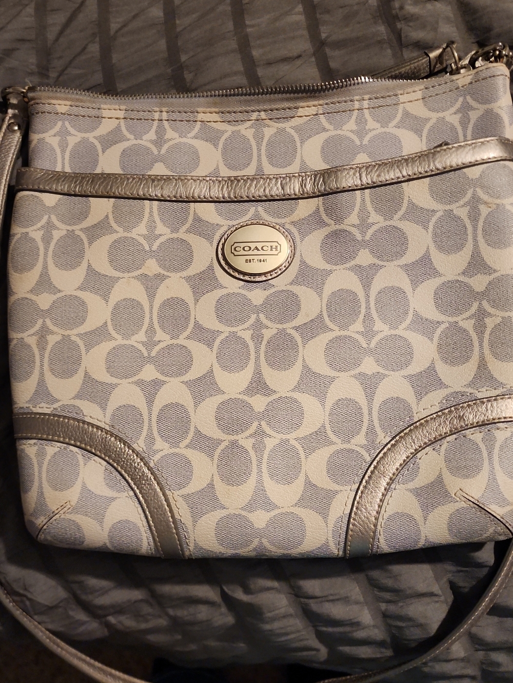 Coach Signature Canvas Crossbody in Light Gray and Silver
